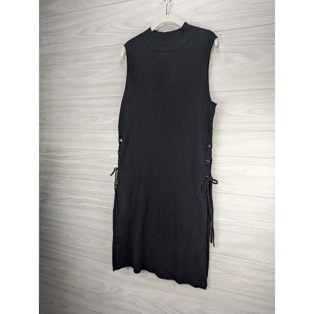 New York & Company Knit Lace Up Sides Cover Up Black Dress - Picture 3 of 6